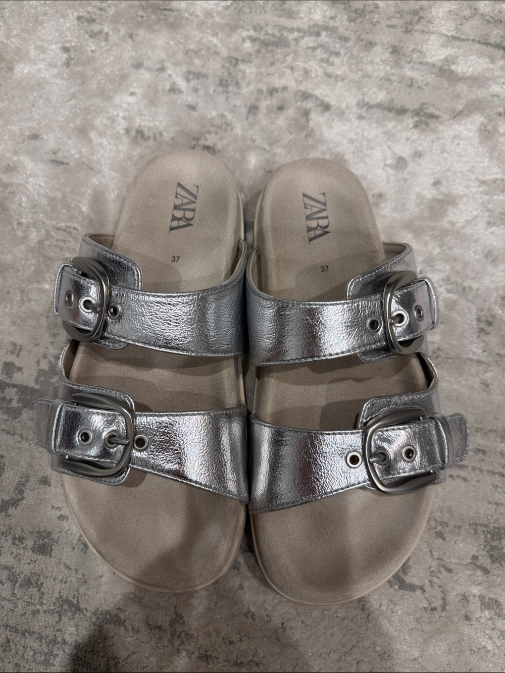 Zara Silver Double-Buckle Metallic Slide Sandals